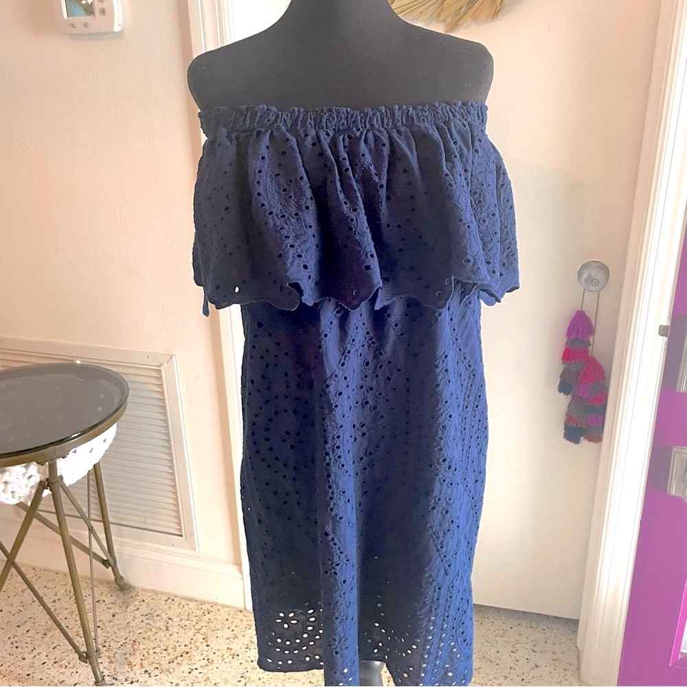 NEW YORK & COMPANY Navy Blue Cotton Eyelet Off Shoulder Shift Dress! Medium